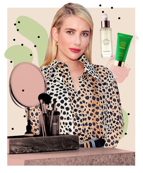 Collage of Emma Roberts in a leopard inspired shirt and her go-to skin care products