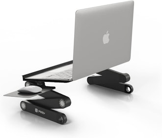 This laptop stand for Zoom meetings includes a mouse pad and has built-in cooling fans. 