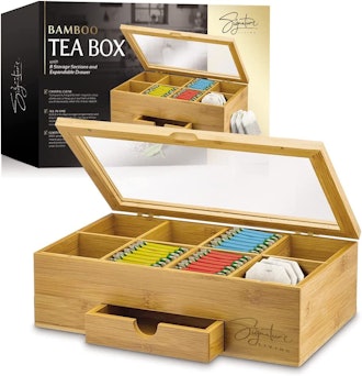 Signature Living Bamboo Wooden Tea Box Storage Organizer 