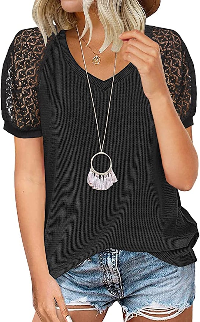 MIHOLL Lace Sleeve V Neck Top