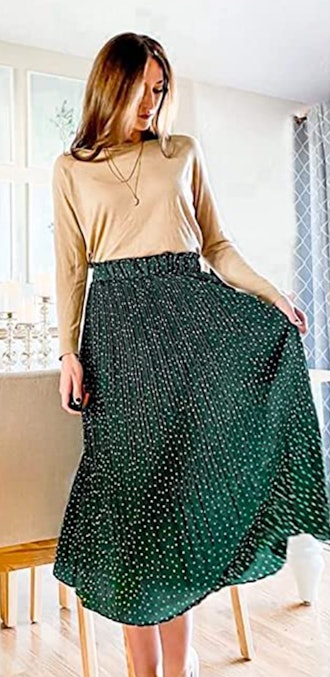 EXLURA High Waist Polka Dot Pleated Midi Skirt