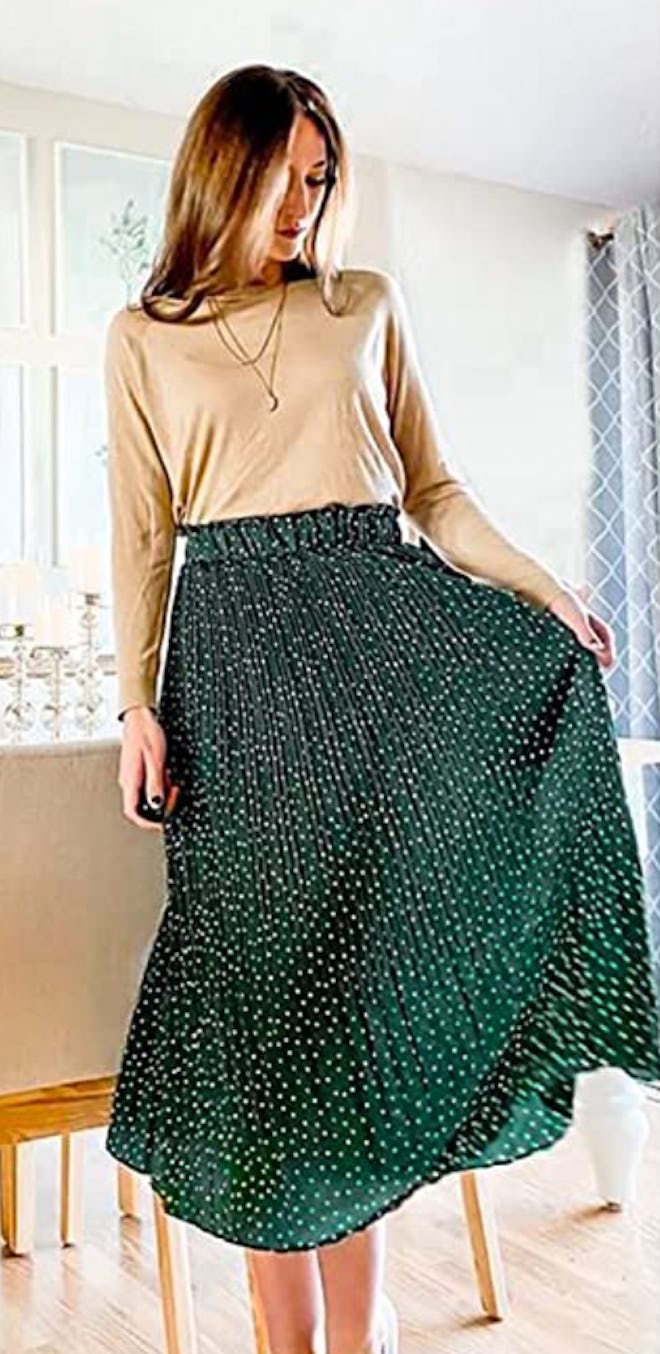 EXLURA High Waist Polka Dot Pleated Midi Skirt