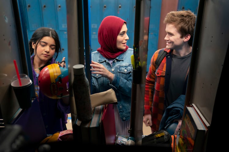 Iman Vellani as Kamala Khan, Yasmeen Fletcher as Nakia, and Matt Lintz as Bruno in Ms. Marvel