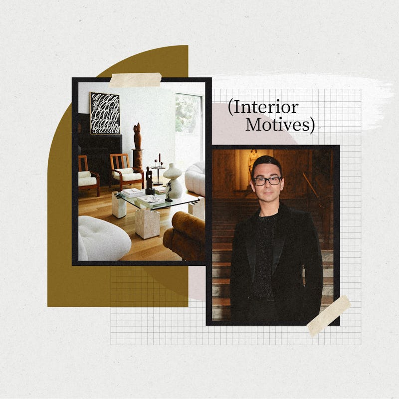 Collage of Christian Siriano and the living room of his Connecticut home