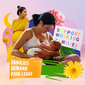 Moms on parental leave with their children next to "support working families" and "families demand p...