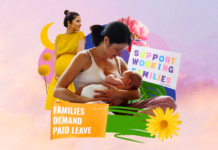 Moms on parental leave with their children next to "support working families" and "families demand p...