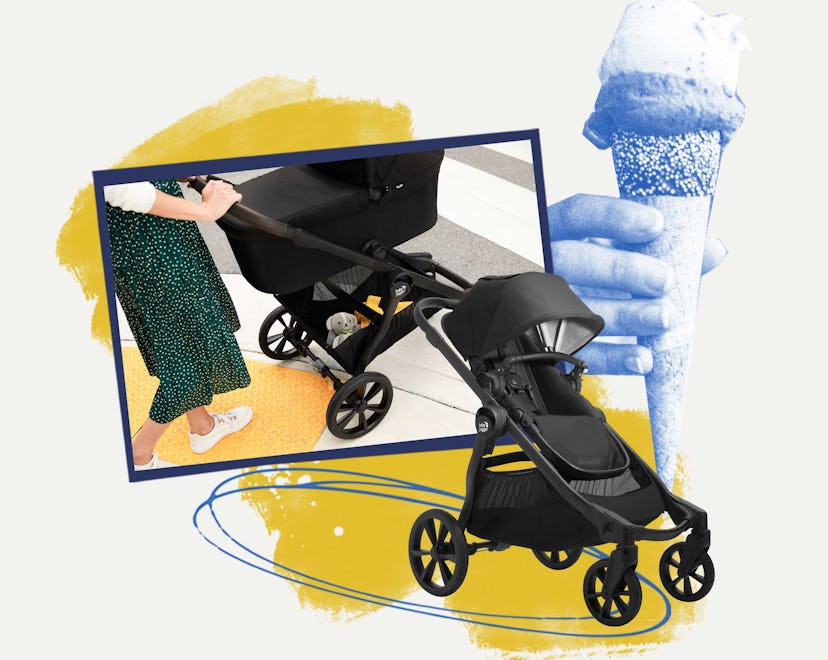 The Baby Jogger® City Select 2 in black with an illustrated ice cream next to it 