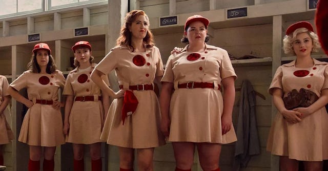 The first look at the A League of Their Own 2022 TV series is here! In this still, five women stand ...