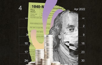 A collage of a tax form, two stacks of pennies and a stencil painting of George Washington with a fa...