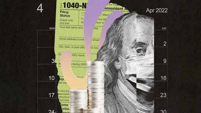 A collage of a tax form, two stacks of pennies and a stencil painting of George Washington with a fa...