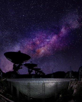 The Five-hundred-meter Aperture Spherical radio Telescope (FAST, below) and the Jansky Very Large Ar...