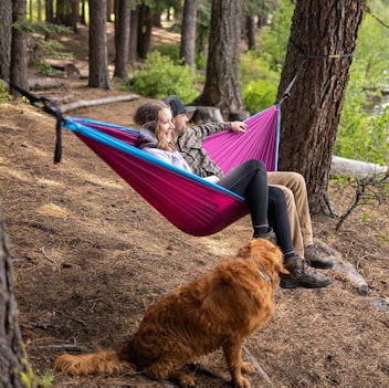 A roomy hammock provides a cozy spot for relaxing in the backyard.