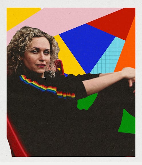 Woman defining her bisexual style wearing a rainbow sweat suit