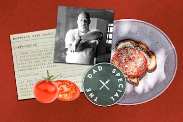 Collage of a male chef, sliced tomato, grilled tomato sandwich, and a recipe written on paper