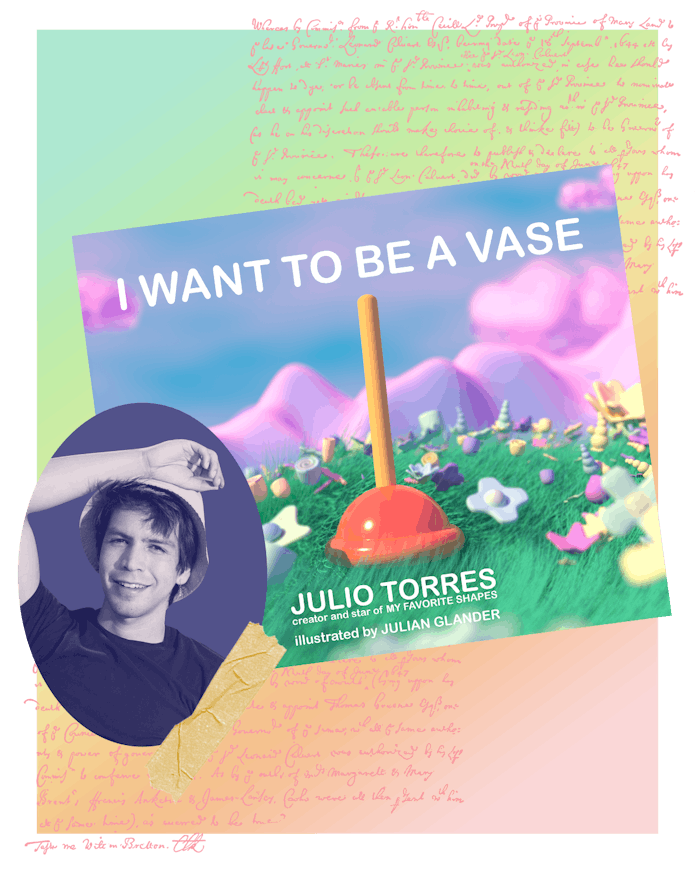 Julio Torres’ portrait next to the cover of his new childrens book I Want To Be A Vase