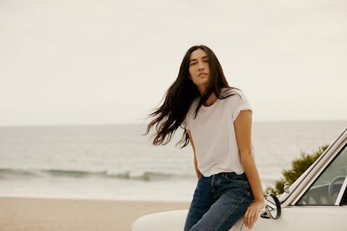 model in Buck Mason T-shirt