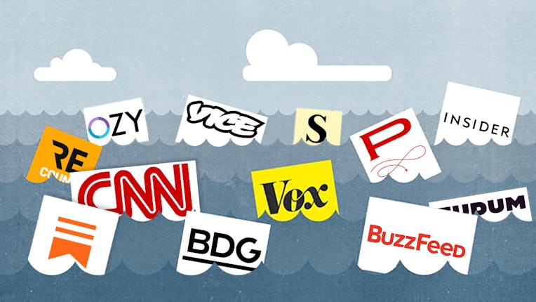 Illustration of the sea where various publisher logos are floating among the waves.
