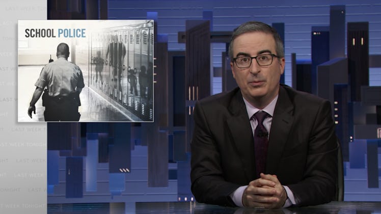 Screenshot of John Oliver on Last Week Tonight about school police