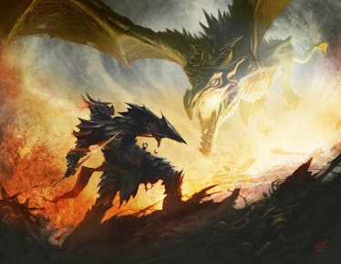 concept art of dragon fighting Dragonborn in The Elder Scrolls 5 Skyrim