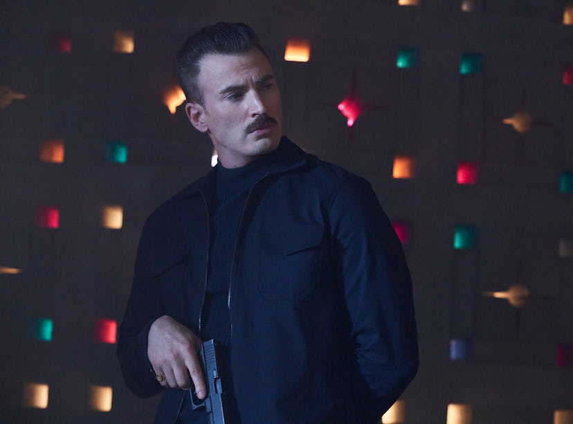 Chris Evans sports a mustache in the upcoming Netflix film, 'The Gray Man.'