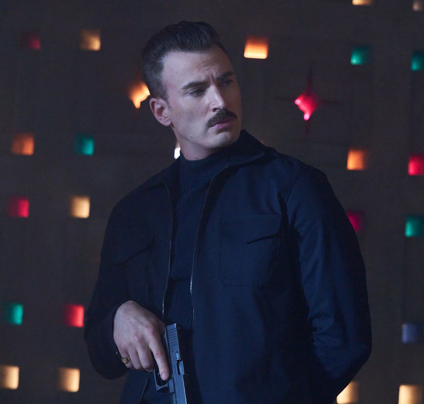 Chris Evans sports a mustache in the upcoming Netflix film, 'The Gray Man.'