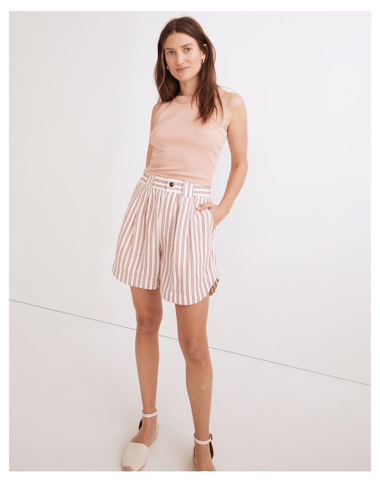 Linen-Blend Curved-Hem Shorts In Stripe