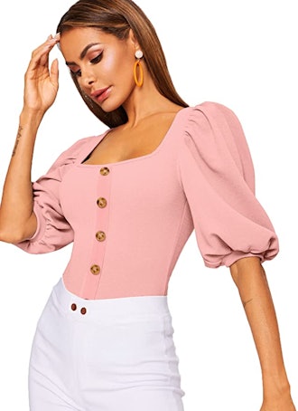 Romwe Puff Sleeve Square Neck Top