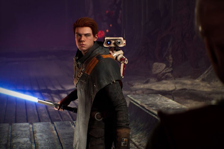 Cal Kestis holds his blue lightsaber in Star Wars Jedi: Fallen Order