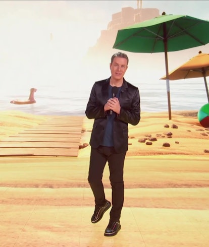screenshot of Geoff Keighley in front of beach set at Summer Game Fest