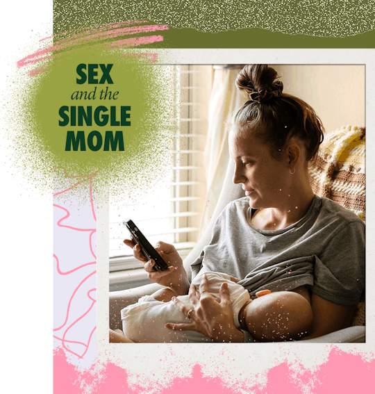 Sex and the single mom logo next to a woman breastfeeding her baby while going on a dating app on he...