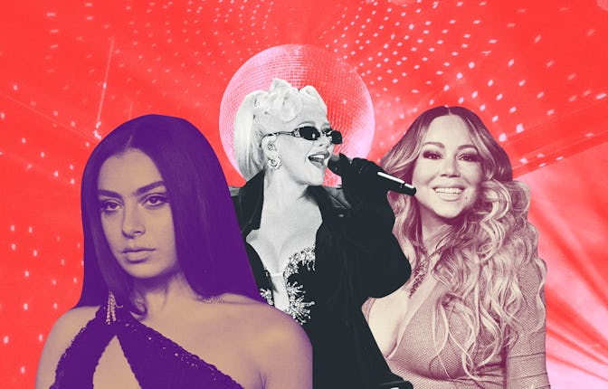 A collage with Charli XCX, Christina Aguilera, and Mariah Carrey
