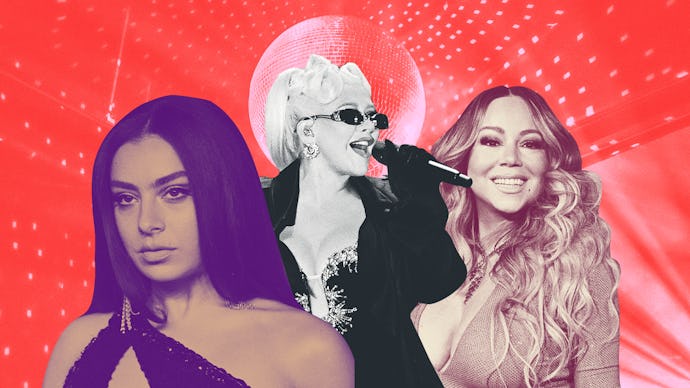 A collage with Charli XCX, Christina Aguilera, and Mariah Carrey