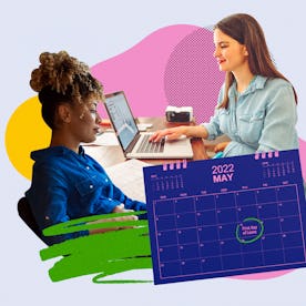 A collage with two pregnant women working on their laptops with their maternity leave date marked on...