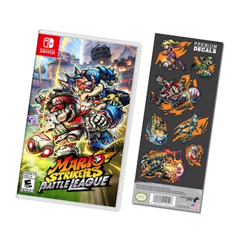 image of Mario Strikers Battle League for Nintendo Switch case and exclusive pre-order bonus decals