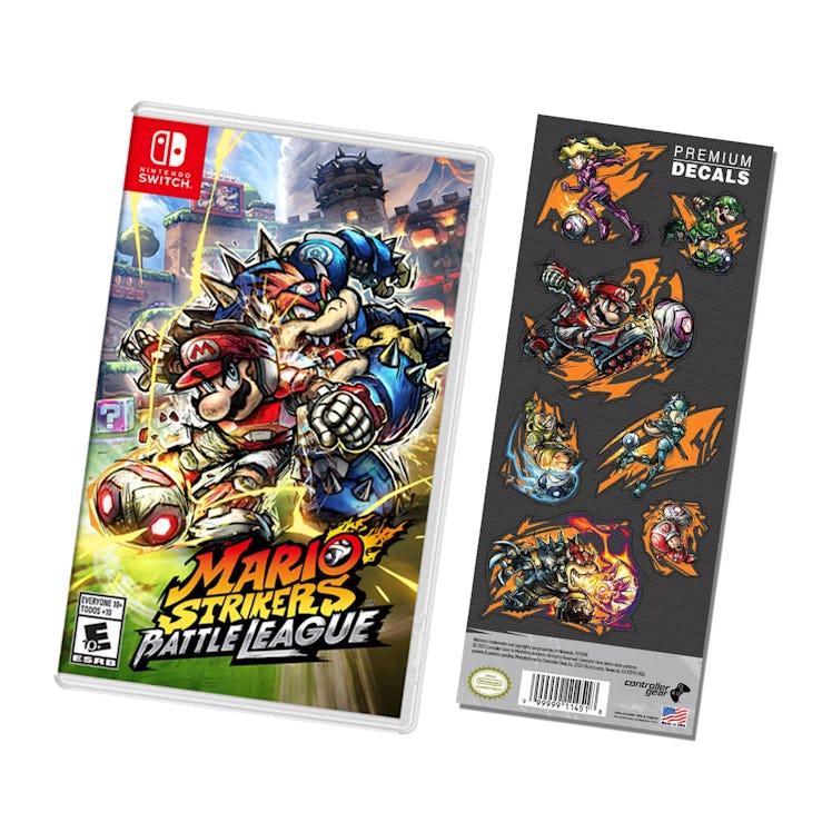 image of Mario Strikers Battle League for Nintendo Switch case and exclusive pre-order bonus decals