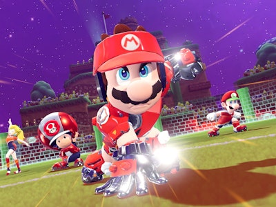 screenshot of Mario playing soccer in Mario Strikers Battle League for Nintendo Switch