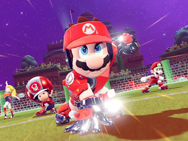 screenshot of Mario playing soccer in Mario Strikers Battle League for Nintendo Switch