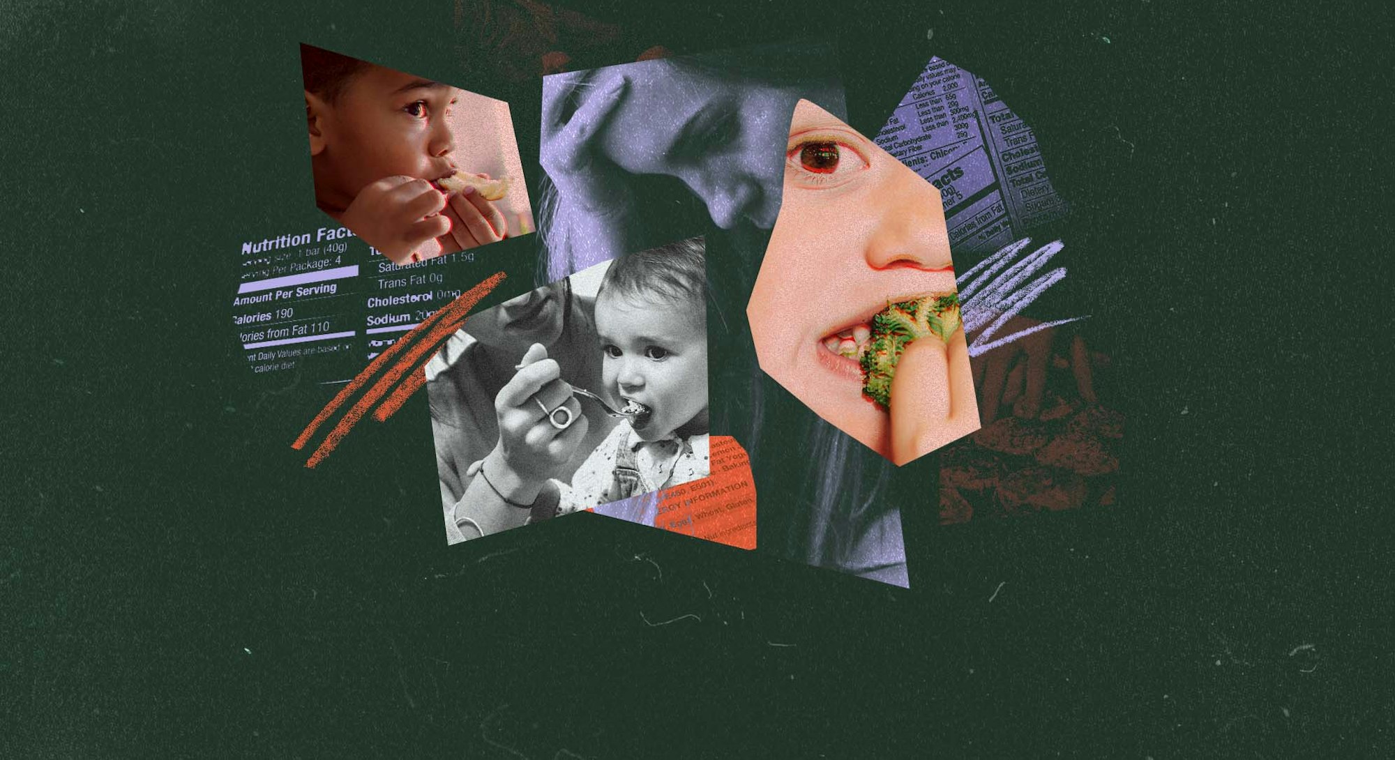 Collage of images of very young children eating food.
