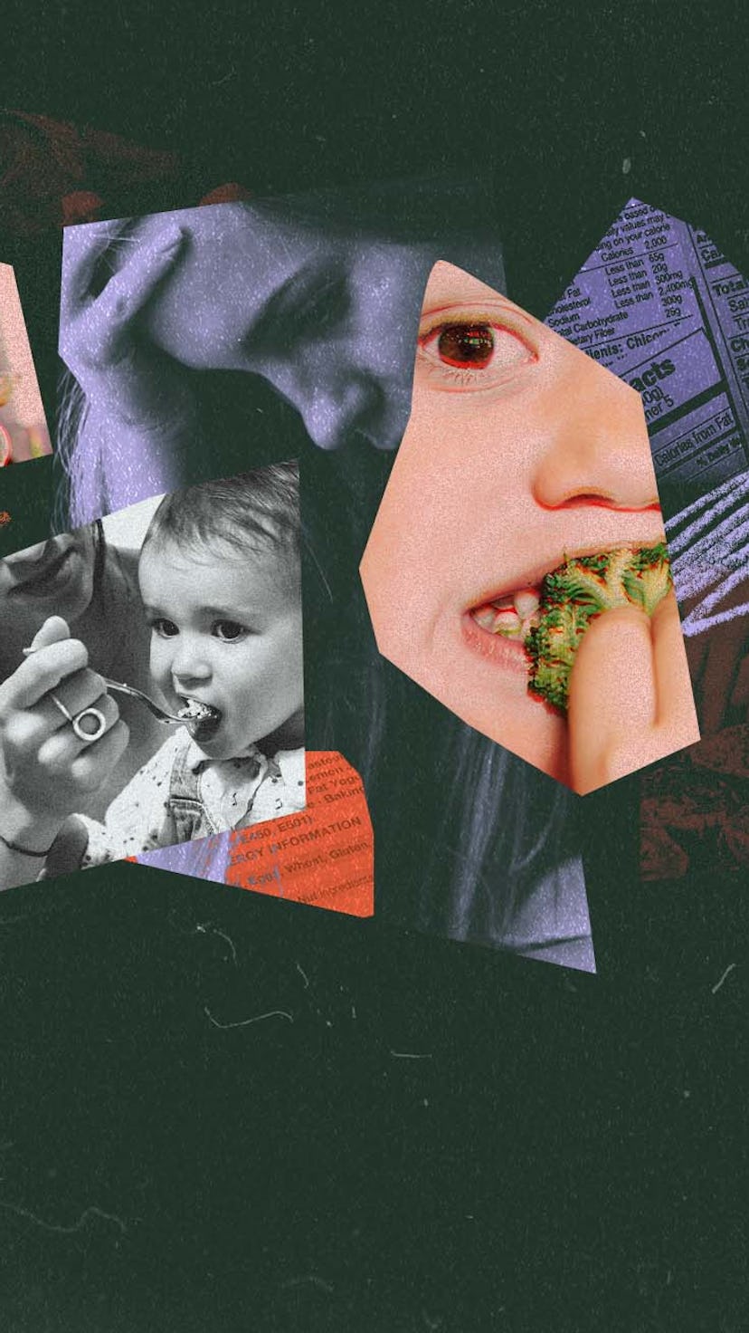 Collage of images of very young children eating food.