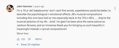 Youtube comments on Jackson Brownes song Fountain of Sorrow.