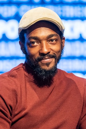 Anthony Mackie with medium-length beard posing in a red sweater