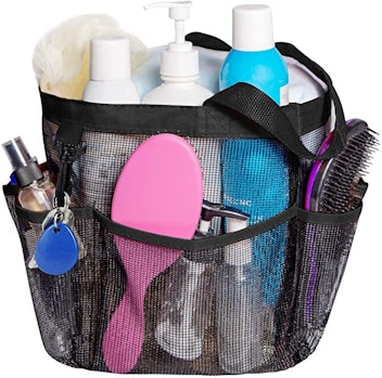 Attmu mesh shower caddy, a great gift for college students, filled with toiletries