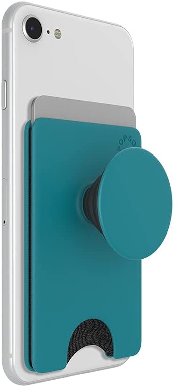 Teal PopSocket with wallet, a great gift for college students, attached to phone