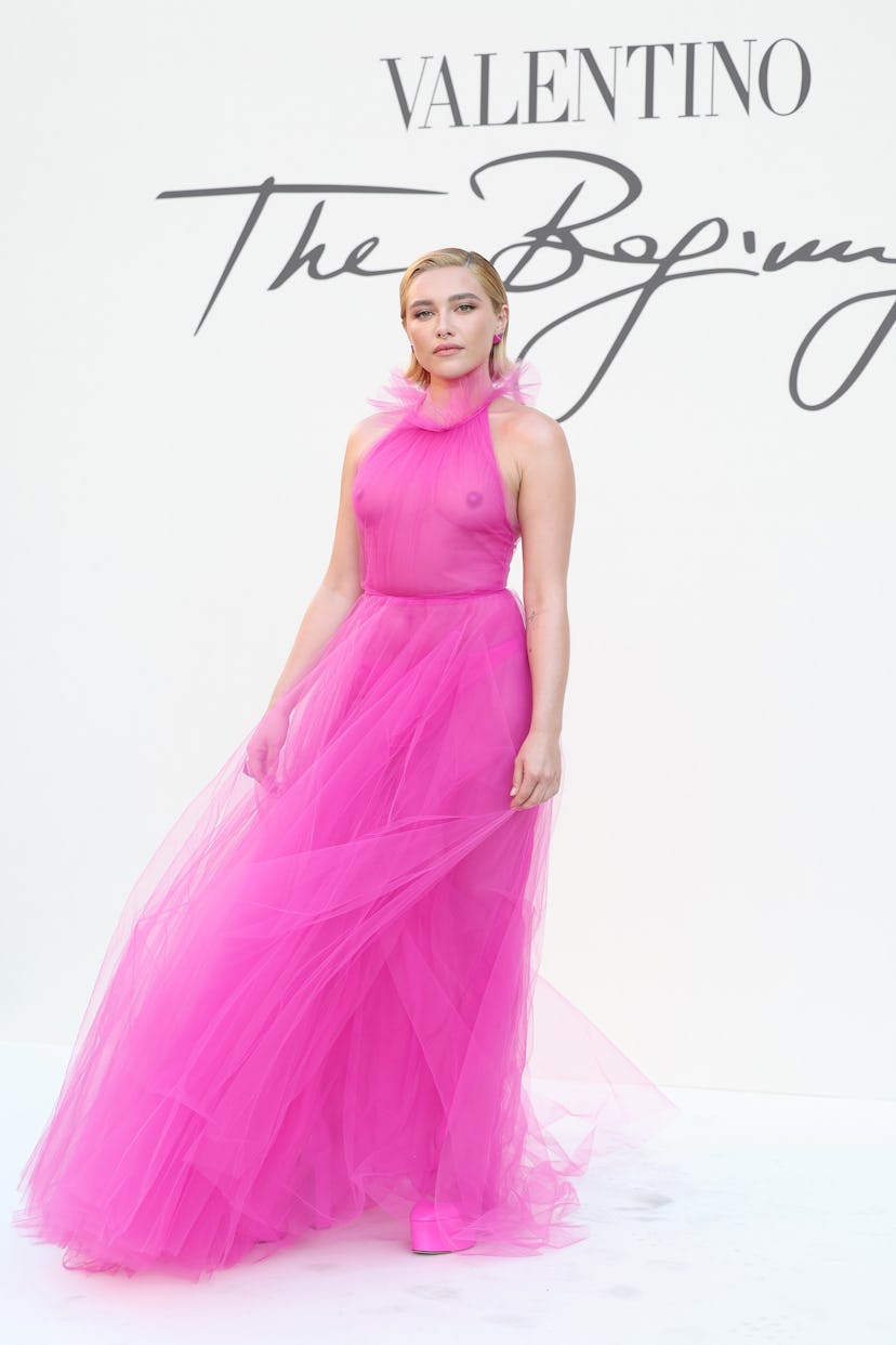 Florence Pugh wearing a sheer pink Valentino gown