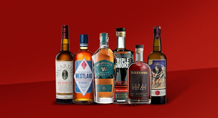 Seven different bottles of American single malt whiskey