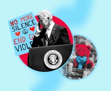 Collage of Joe Biden, "no more silence, end gun violence" banner, and teddy bear tribute for victims