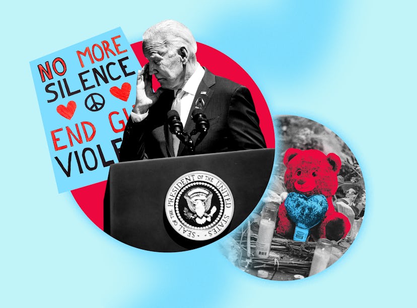 Collage of Joe Biden, "no more silence, end gun violence" banner, and teddy bear tribute for victims