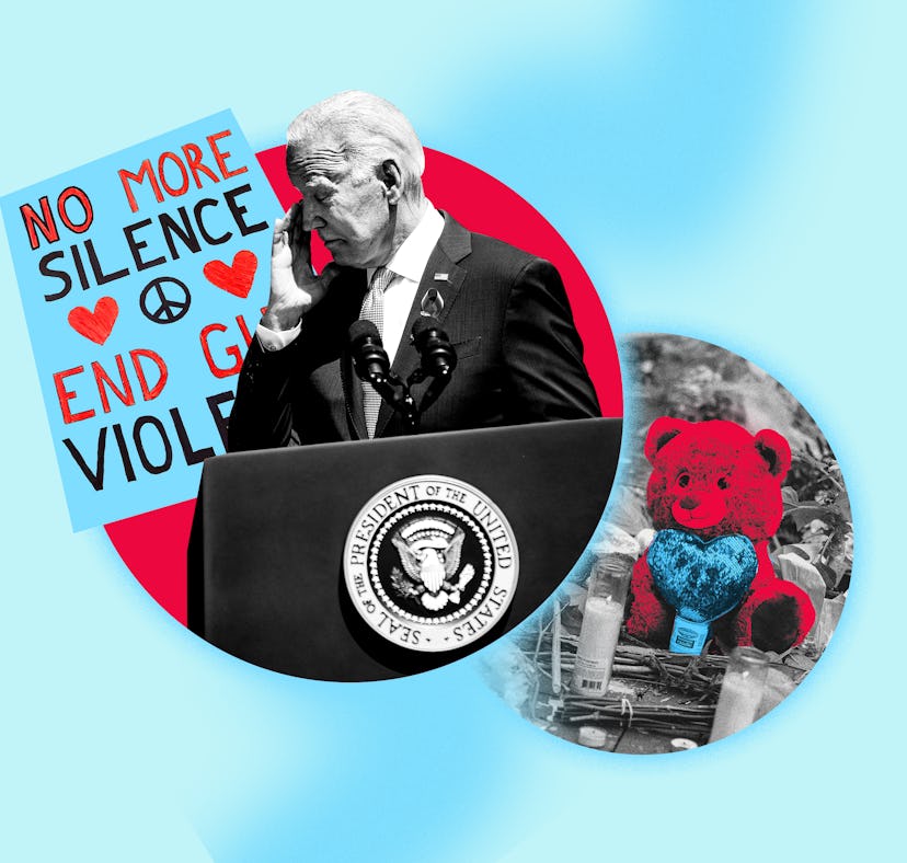 Collage of Joe Biden, "no more silence, end gun violence" banner, and teddy bear tribute for victims