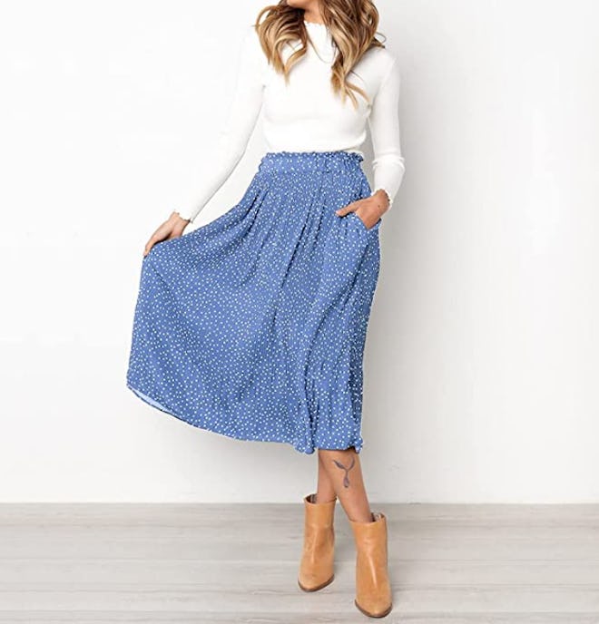 EXLURA High Waist Polka Dot Pleated Skirt