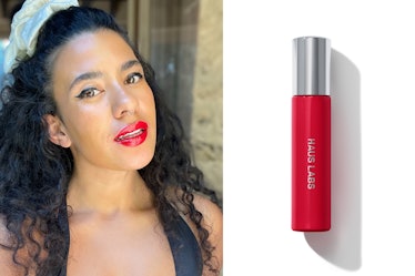 Beauty editor Amber Rambharose wears Haus Labs Atomic Shake Lip Lacquer in Ruby